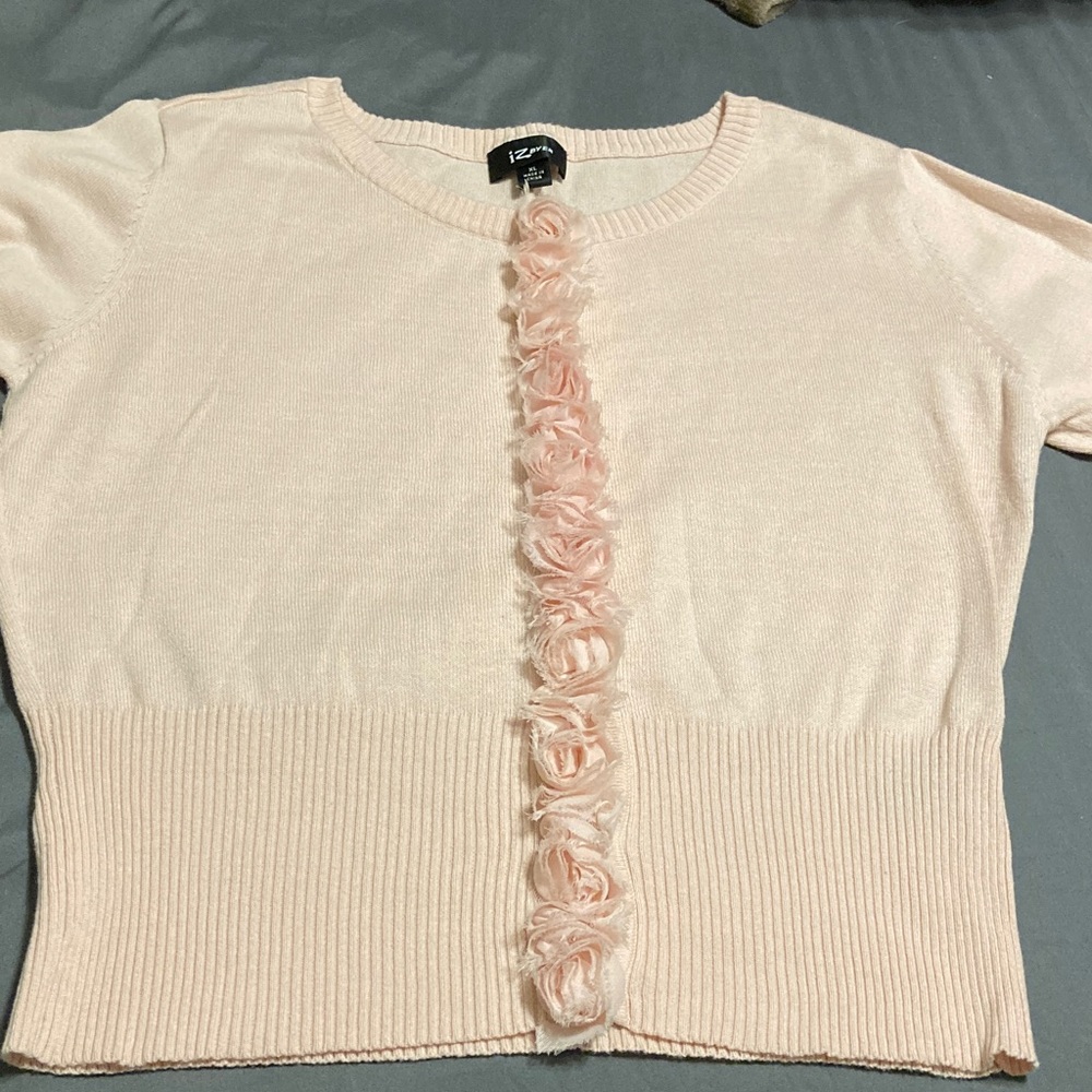 Iz Byer Light Pink Blush Cardigan with Rose Rosette Trim Juniors XL Floral